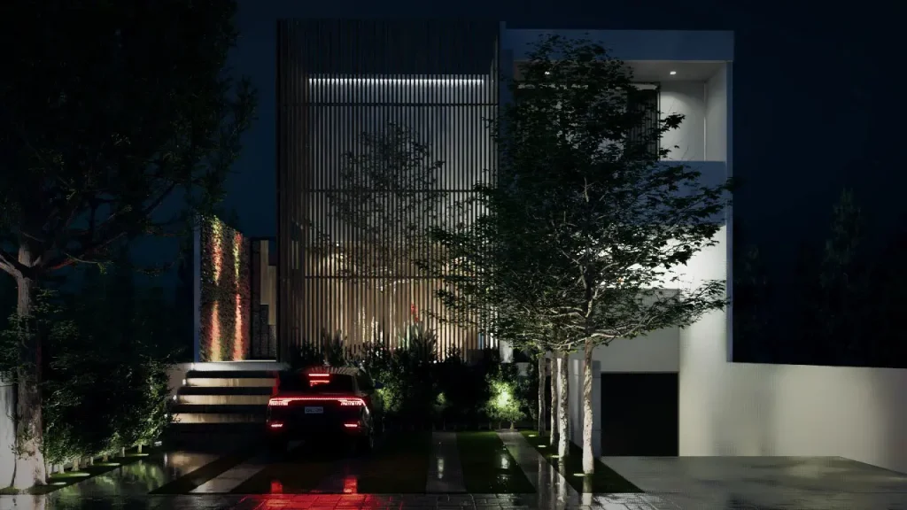 Fachada de una residencia moderna con celosía de madera, un ejemplo de la estrategia de inversión de nuestra firma de arquitectura para maximizar el valor.