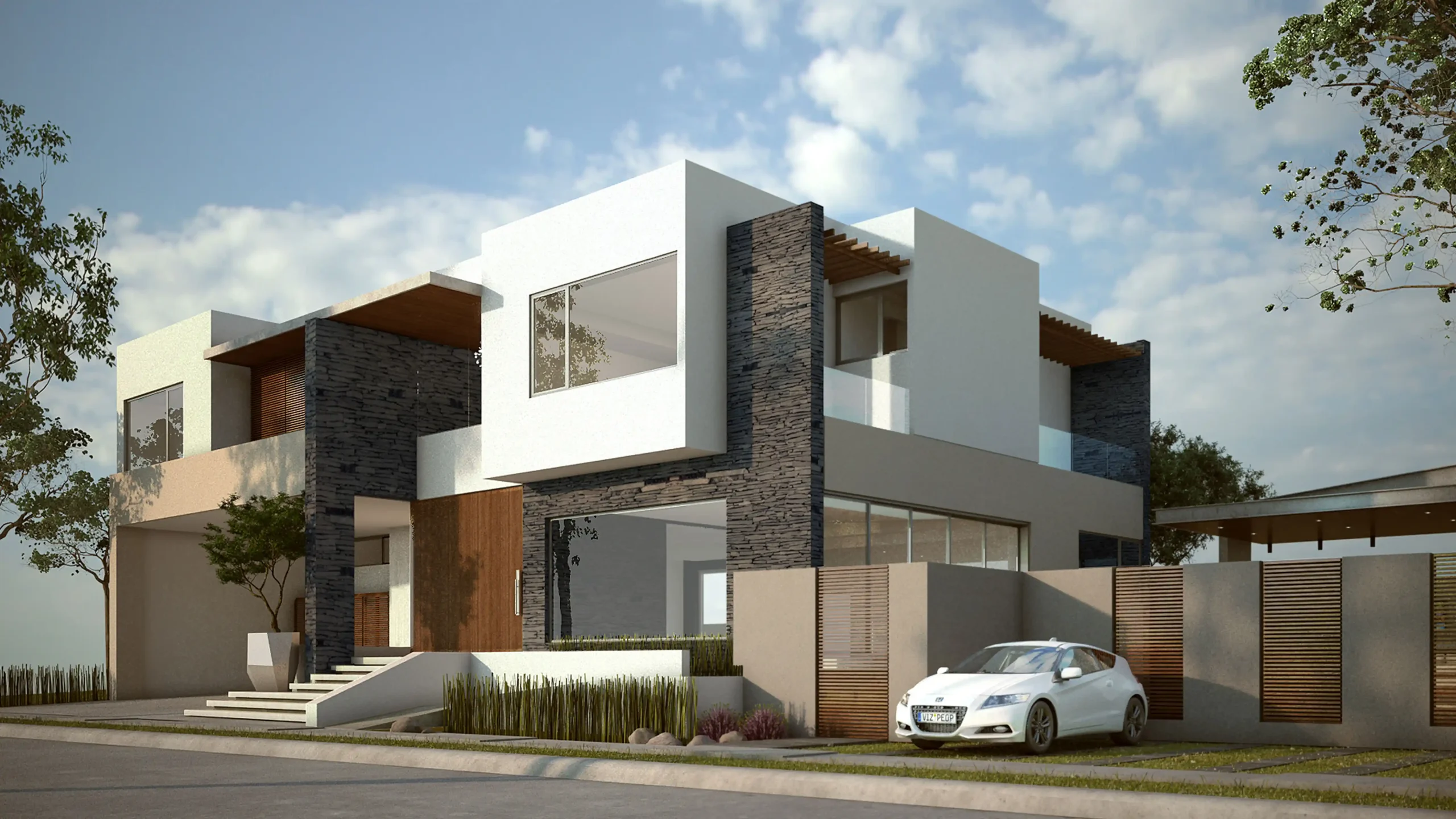 Fachada de una residencia moderna de lujo diseñada por SBA, una firma de arquitectura líder en Guadalajara.