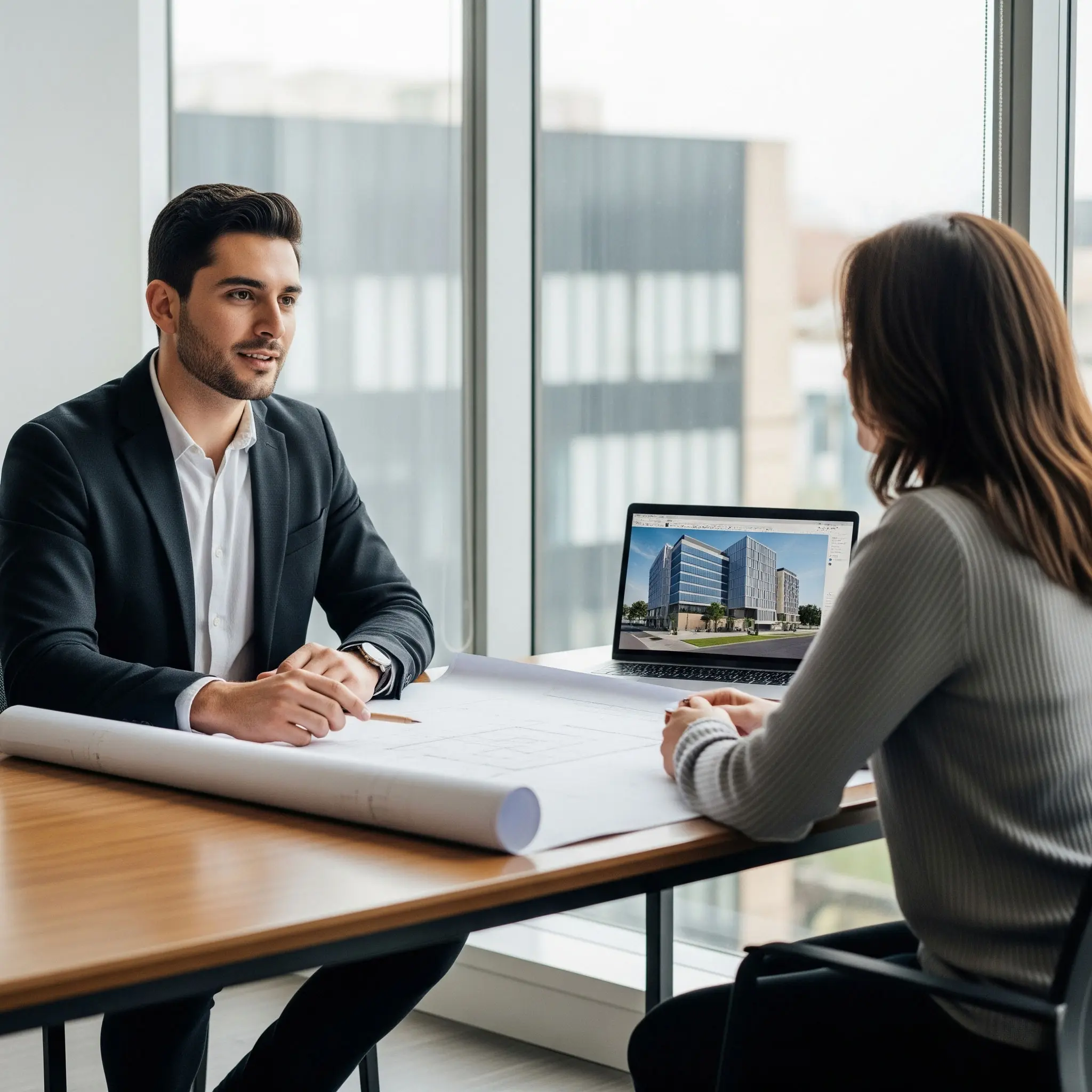 El equipo de nuestra firma de arquitectura, SBA, en una reunión de planificación con clientes, revisando la maqueta de un proyecto de residencia de lujo.